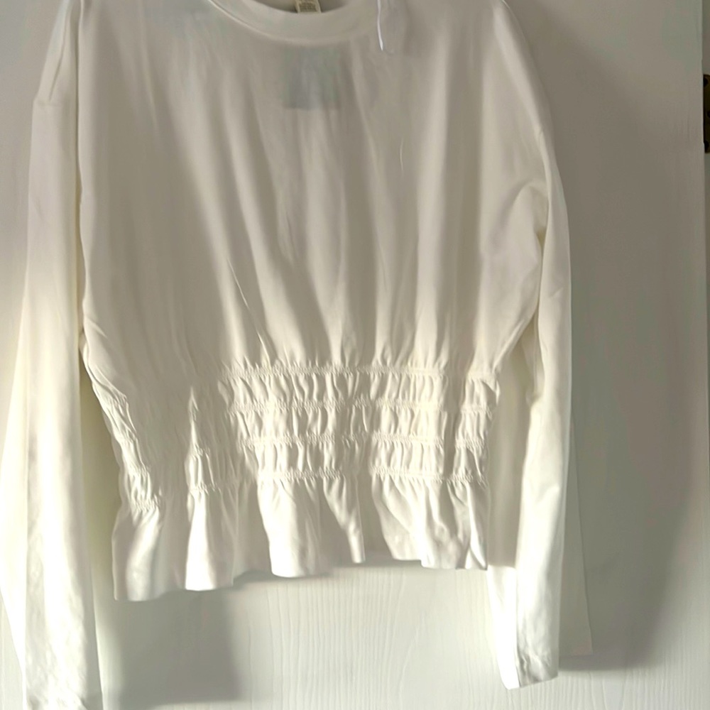 H&M White Long Sleeve Smocked-Waist Top